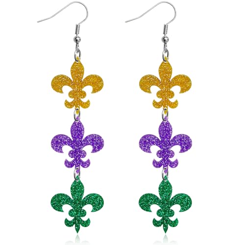 Mardi Gras Earrings Fleur De Lis Crocodile Lobster Outfit for Women Shirts Accessories - Purple Gold Green Carnival Dangle Earrings for Women Fat Tuesday Holiday Gift