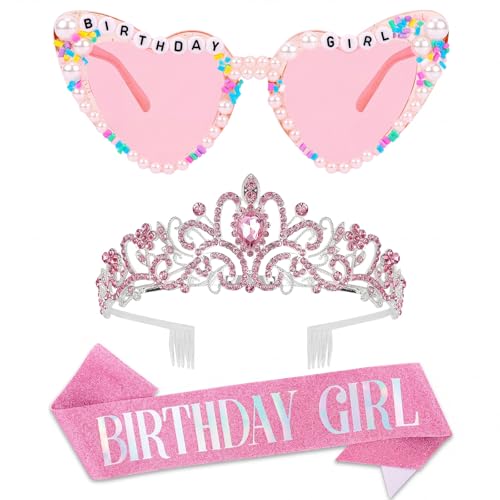 Gafas de sol de corazón rosa y corona para fotos de cumpleaños