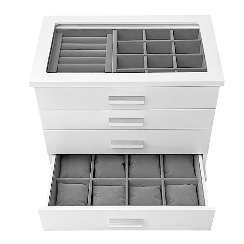 Reluz Art Gaveteiro Porta Joias Jullie Forrado em Veludo com 4 Gavetas (Branco/Cinza)