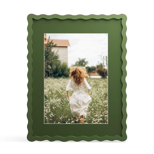 THKRLOF 11x14 Picture Frame with Mat for 8x10 Wavy Edge Wooden Real Glass Photo Frame for Wall Hanging Green 1 Pack