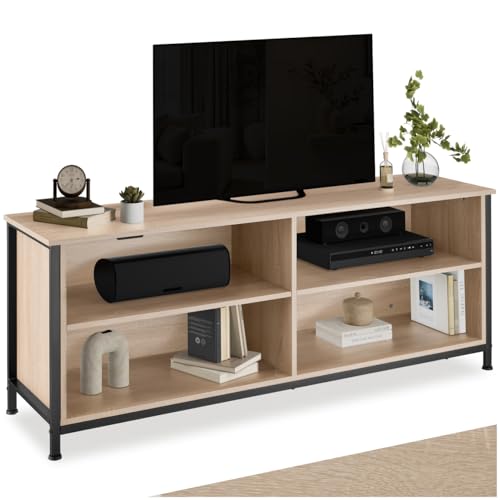 tectake® TV-Regal mit 4 Fächern, 147 cm, Lowboard für Fernseher bis zu 70 Zoll, Industrie-Design, Holz Fernsehtisch mit Kabelaussparungen, schwarzes Metallgestell (Industrial Holz hell, Eiche Sonoma)