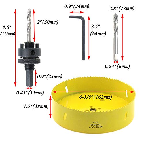 Antrader Heavy Duty 162mm/ 6-3/8" Bi-Metal Hole Saw, 38mm Depth High Speed Steel Wood Hole Cutter Bit with 1/2" Hex Shank Arbor for Cutting Wood, Soft Metal, Drywall, Plastic, Fiberboard - Thumbnail 3