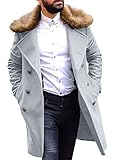 PASLTER Men's Winter Trench Overcoat Removable Faux Fur Collar Top Coat Double Breasted Business Long Pea Coat Grey