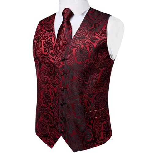 Image of DiBanGu Mens Vest and Tie Set Formal Paisley Waistcoat and Necktie Pocket Square Cufflinks Silk Suit Vest for Tuxedo Wedding