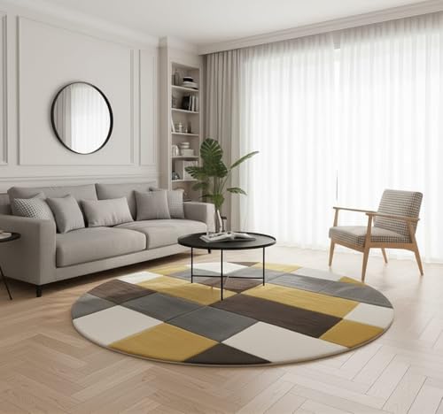 Image of Modern Shaggy Round Rug | Ultra-Soft Plush Circle Carpet for Living Room, Bedroom, Nursery | Fuzzy, Fluffy Area Rug with Non-Slip Base Yellow Multi 6x6 feet