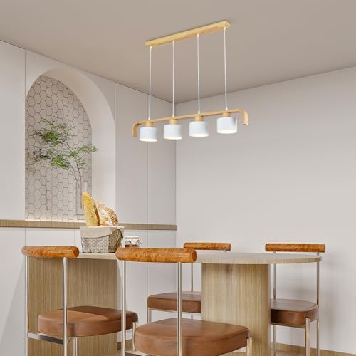 Nordic 4-Lights Cluster Light - Linear Wood Hanging Ceiling Lamp for Kitchen Island Dining Table C& Bar - E27 Chandelier Fixture(Gray)/White