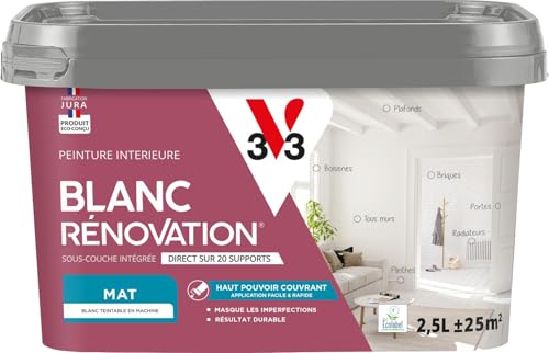 V33 Peinture blanche mur et plafond mat - multi-supports - monocouche - BLANC RENOVATION®, 2,5L