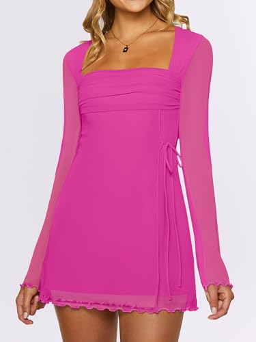 Image of Caracilia Womens Sexy Mesh Ruched Mini Dresses Long Sleeve Square Neck Tie Fall Club Party Cocktail Short Dress 2026 Fashion