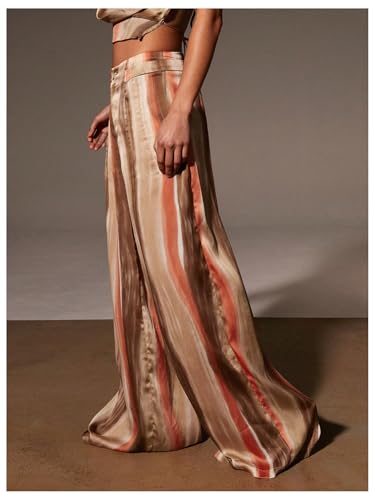 OYOANGLE Women's Satin Wide Leg Pants Striped Low Waisted Silky Dressy Palazzo Trousers2
