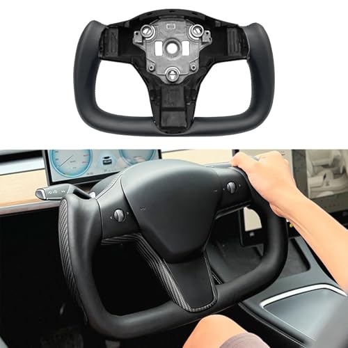 Tlyard Yoke Steering Wheel Personalized for Tesla 3 Y Black Nappa Leather with Glossy Carbon Fiber for Tesla Model 3 2017-2023 Model Y 2019-2024 With Heating Function