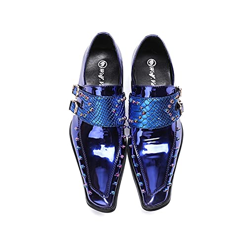 Men's Formal Oxford Faux Crocodile Grain Monk Buckles Patent Genuine Leather Square Toe Rhinestones Decor Spikes Dress Shoes4