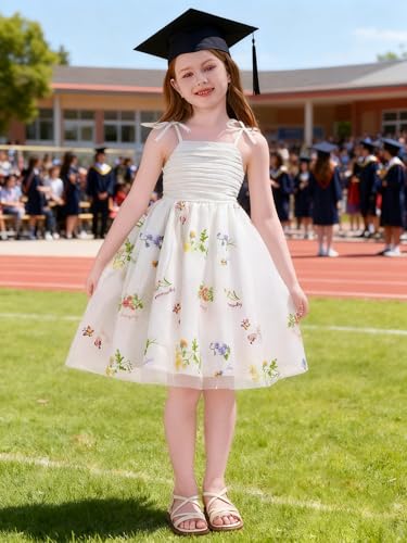 EULIMENE Toddler Girl Dress Spaghetti Strap Flower Girl Dresses for Wedding Floral Tulle Princess Party Dress Formal Pageant Birthday Dresses for Girls 5-14Y White — view 3