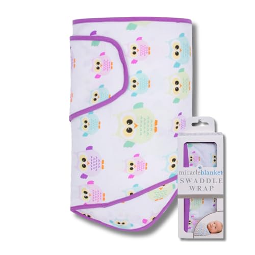 Image of Miracle Blanket Swaddle Wrap – Help Your Newborn Sleep Longer – Soft & Secure Sleep Sack for Infants – Easy-to-Use Swaddling Blanket for a Calm Baby (Owls with Purple Trim)