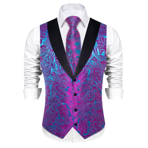 Image of DiBanGu Mens Paisley Suit Vest Silk Jacquard Waistcoat and Necktie Set Formal Shawl Collar Dress Vest 7PCS for Wedding Party