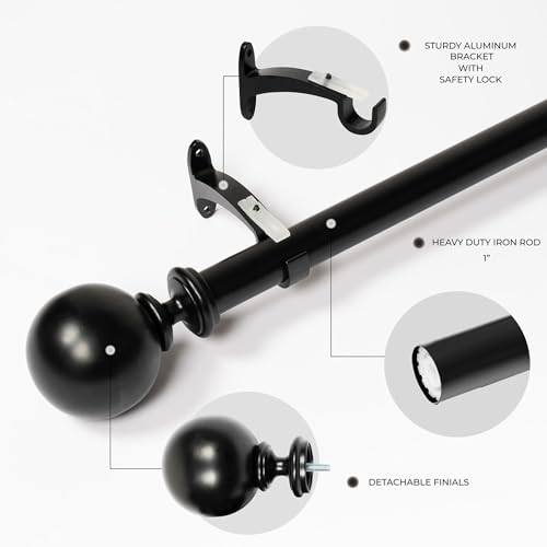Image of Deco Window 44 inch-120 inch Adjustable Rustproof Curtain Rod for Doors & Windows with Brackets, Extendable Iron Metal Pipe Holder with Ball with Acrylic Bush Finials, Black, 25MM Diameter