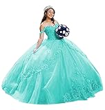 Mauuwy Women's Lace Appliques Turquoise Quinceanera Dresses Ball Gown Long Tulle Spaghetti Straps Prom Dress Gorgeous Puffy Princess Dress 6