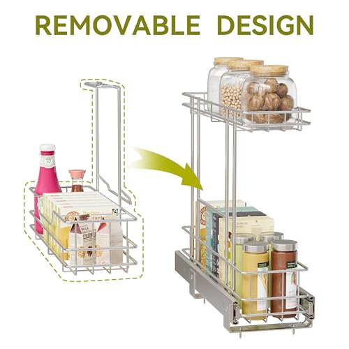 Image of 2 Tier Under Sink Organizer 11 inch W X18 D, Pull Out Cabinet Organizer One Removable Basket, Under Sink Slide Out Chrome Plated, Under Kitchen Bathroom Sink Organizer, 1 Pack