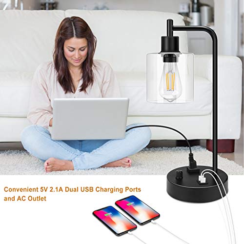 Industrial Table Lamp, Stepless Dimmable Vintage Bedside Nightstand Lamp with 2 USB Ports and AC Power Outlet, Glass Shade Farmhouse Lamp for Bedroom Living Room Office, LED Bulb Included