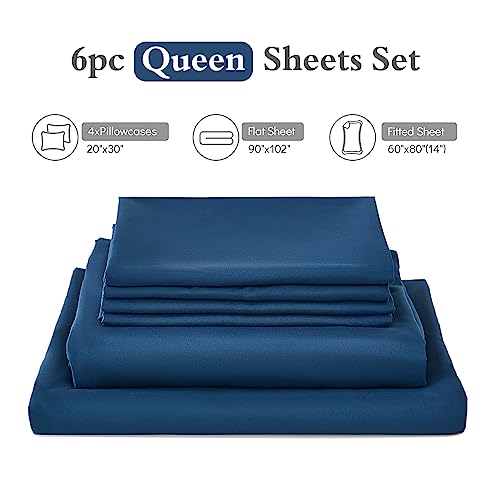 Image of ILAVANDE Navy Blue Queen Sheets Set 6 Piece,Hotel Luxury Super Soft 1800 Series Microfiber Queen Bed Sheets Set-Wrinkle Free & Breathable-14 Deep Pocket Sheets for Queen Size Bed(Queen,Navy Blue)
