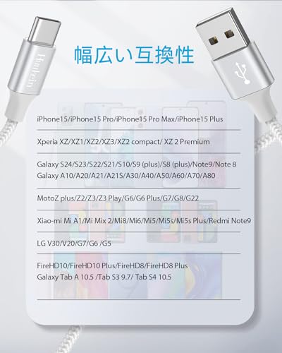 undefined Huukein USB Type C ケーブル【3m/白】タイプC ケーブル 長い QC3.0対応 急速充電 USB-C & USB-A 2.0 ケーブル 断線防止Phone 16/15 16/15 Pro 1615 Plus/Galaxy S24 S23 S22 A53/FireHD10 8その他 Android 等 USB-C機器対応 の商品画像 5