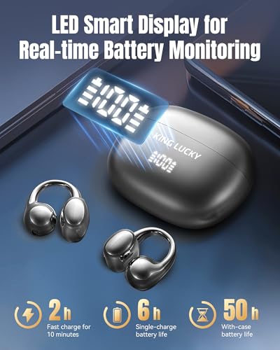 Image of King Lucky Open Ear Earbuds Clip-On Bluetooth 6.0 Wireless Headphones with Mic, 50H Playtime, ENC Clear Calls, IPX5 Waterproof, Comfortable for Small Ears Sports Gaming (Black, Digital Display)