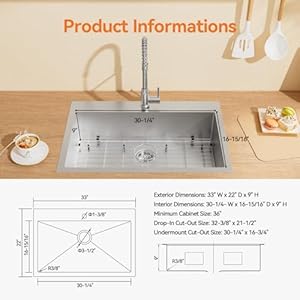 33×22 drop inundermount kitchen sink tecasa single bowl kitchen sink with pull down faucet 18 gauge t 304 stainless steel kitchen sink with accessories  urban country home decor