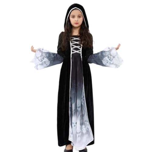 LKOIVNED Vestito Halloween Bambina, Vestito Fantasma Bambino, Costume Strega Bambina con Cappuccio Nero, Costume Halloween Ragazza per Halloween Carnevale Cosplay (L)
