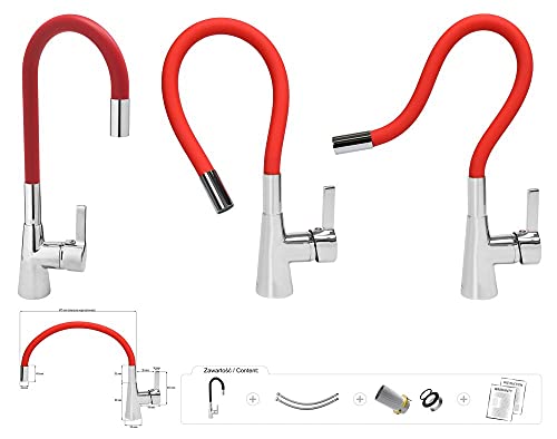 FALA Spültisch Armatur flexibel farbig (weiß, rot, orange, grün) Küchenarmatur Wasserhahn Küche Mischbatterie Spiralfederarmatur Einhebel (rot)