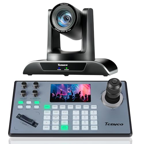 Tenveo PTZ Camera and Controller - 20X AI Humanoid & Face Auto-Tracking PTZ Camera with HDMI/USB3.0/LAN(PoE) and NDI PTZ Controller Joystick Keyboard Bundle for Church Worship Service Live Streaming