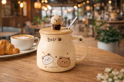 Image of Coffee Mug, Gift for Woman, Birthday Present for Girlfriend, Present for Wife Birthday, Mugs for Present, Holi Gifts, Panda Mug with Lid & Spoon (Cute Bear)