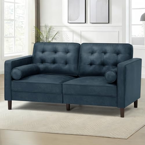 Image of 67 inch Suede Leather 2 Seater Sofa with Two Bolster Pillows, Blue | Tufted Sofa with Wooden Legs, Mordern Couch for Living Room, Office, Apartment