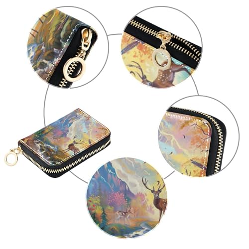 GAIGEO Credit Card Protector RFID Blocking Womens Wallets Leather Zip Around Zipper Coin Purse with Key Ring Deer Forest Landscape Painting4