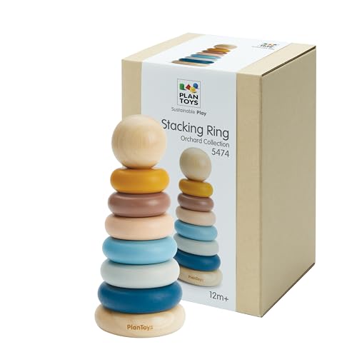 Image of PlanToys® Stacking Ring Wooden Montessori Fine Motor and Early Learning Toy in Orchard Shade | Early Coordination and Colour Sorting Activity | Eco Friendly Stacking Ring Set for Meaningful Play