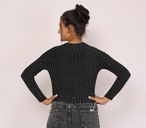Image of ICW Women Knitted Rhinestone Embellised Daimond Studded Mesh Round Neck Long Sleeve Crop Top T-Shirt 206