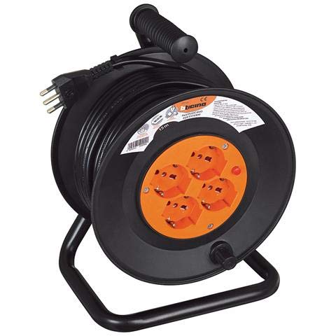 Bticino S2515N Avvolgicavo Con Prolunga Elettrica Da Giardino Lunga 15 Metri, Cavo H05VV-F 3X1,5Mmq, 4 Prese Schuko Polivalenti Standard Tedesco E 1 Spina Grande 16A, Colore Nero E Arancio - 2