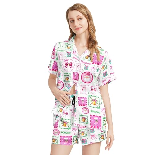 Image of Funny Satin Pajamas Set for Women Button Down Sleepwear Print Pjs Set 2 Piece Short Sleeve Loungewear Gift for Women