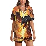 AKNJFLSSN 2 Pack Polyester Button Up Pajamas, Red Dragon Fire Wings Armor Adult T-Shirt and Trousers Separate, Casual Nightwear S-3XL