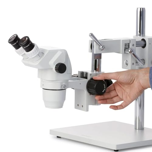 Image of AmScope ZM-4B Professional Binocular Stereo Zoom Microscope, EW10x Eyepieces, 6.7X-45X Magnification, 0.67X-4.5X Zoom Objective, Ambient Lighting, Double-Arm Boom Stand