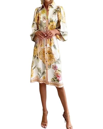 AUMORA Women's Elegant French Lantern Sleeve Notched Collar Printed Dress