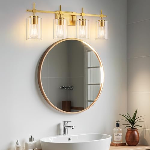 Image of Bathroom Vanity Lights, Gold 4 Lights, E26 Socket with Clear Glass Shade, Modern & Vintage Style Vanity Light for Bathroom, Powder Room, Dressing Room