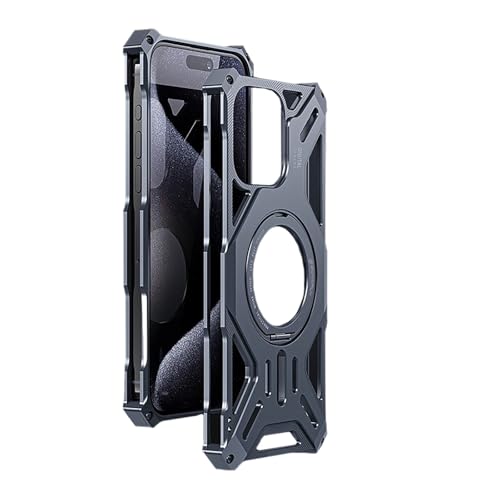 HUHUCASE Magnetic Holder Metal Phone Case for iPhone 13 14 15 16 17 Pro Max Plus Hollow Luxury Aluminum Alloy Phone Protective Case (Gray,