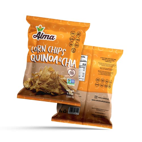 Alma Corn Chips With Quinoa & Chia - Never Crushed Gluten Free & Low Calorie Healthy Snacks Made With Real Vegetables & Sea Salt - Low Carb - Low Sodium - Cholesterol Free - Non Gmo - 9.9 Oz Bags - 2 Pack #TOP5