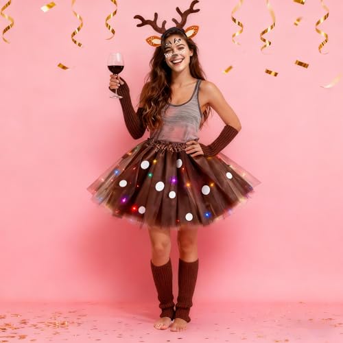 GEVECORI Reh Kostüm Damen, Karneval Kostüm mit LED Brauner Tüllrock, Rentier Haarreif Reh Gesichtstattoo, Beinwärmer Armstulpen, Faschingskostüme für Fasching, Karneval Weihnachtskostüm