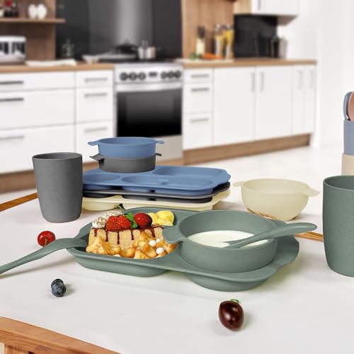 shopwithgreen Wheat Straw Dinnerware Cutlery Set, 20 PCS Kids Toddlers Divided Plates and Bowls Sets, Microwave Unbreakable Tableware Spoon Knife Cup, Dishwasher Safe for Kitchen Picnic School - image 5
