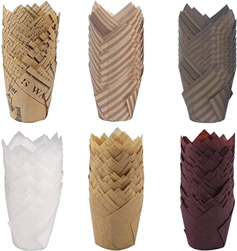 Hibisaws 300Pcs Tazas de Papel de Pastel de Tulipán, Forma de Tulipán a Prueba de Grasa, Papel para Magdalenas, Magdalenas y Magdalenas, para Cafeterías, Pastelerías, Casas, Chocolate Brown Cover