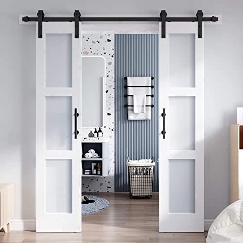 ROYMELO Double 18×84 Inch Glass Barn Door Slab and 6.6ft Hardware Kit Included, 3 Frosted Glass, LVL Wood Panel Covered with White Water-Proof Scratch-Proof PVC Surface, Simple DIY Assembly