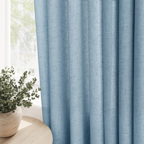 Image of Dusty Blue Linen Curtains 84 Inch Length for Living Room Bedroom 2 Panels Set Grommet Faux Linen Semi Sheer Light Filtering Drapes Dirty Blue Aesthetic Farmhouse Rustic Window Curtain Decor 52X84