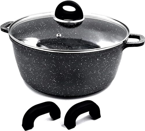 klaus faitout 6.8L Façon Pierre de Haute Qualités Antiadhésif avec Couvercle en Verre trempé Compatible Tous Feux 100% Induction gris Moucheté Ø 28 cm