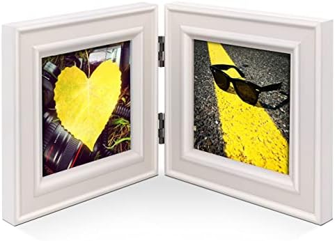 JD Concept Double 4x4 Wood Photo Frame Instagram, Hinged Picture Frames, with Glass Front, Fit for Stands Vertically on Desk Table Top (Window 3.5 x 3.5 Picture, White Color)