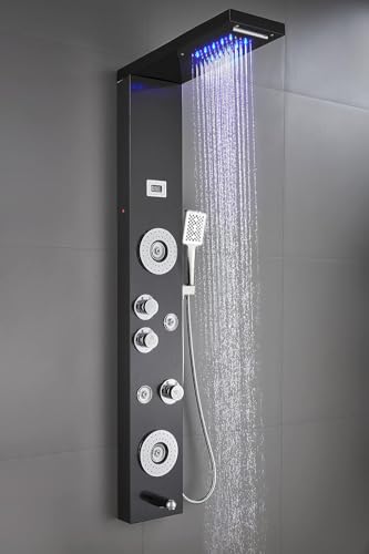 Image of ELLO&ALLO Stainless Steel Shower Panel Tower System,LED Shower Head 6-Function Faucet Rain Massage System with Body Jets, Black